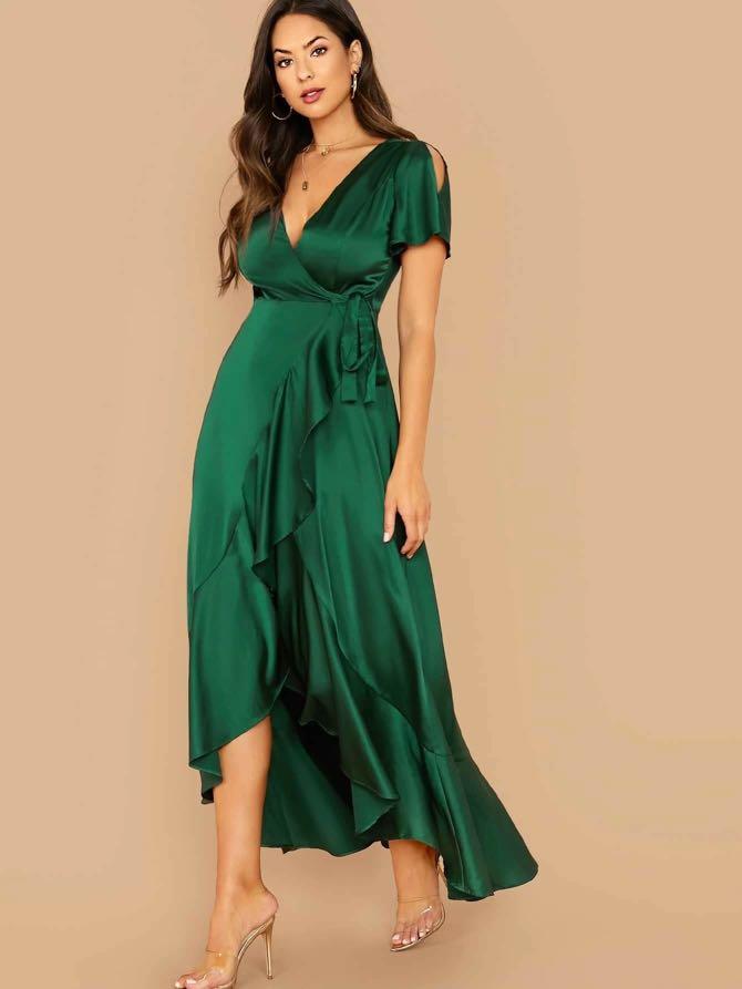 SHEIN Green Wrap Satin Dress, Women's ...