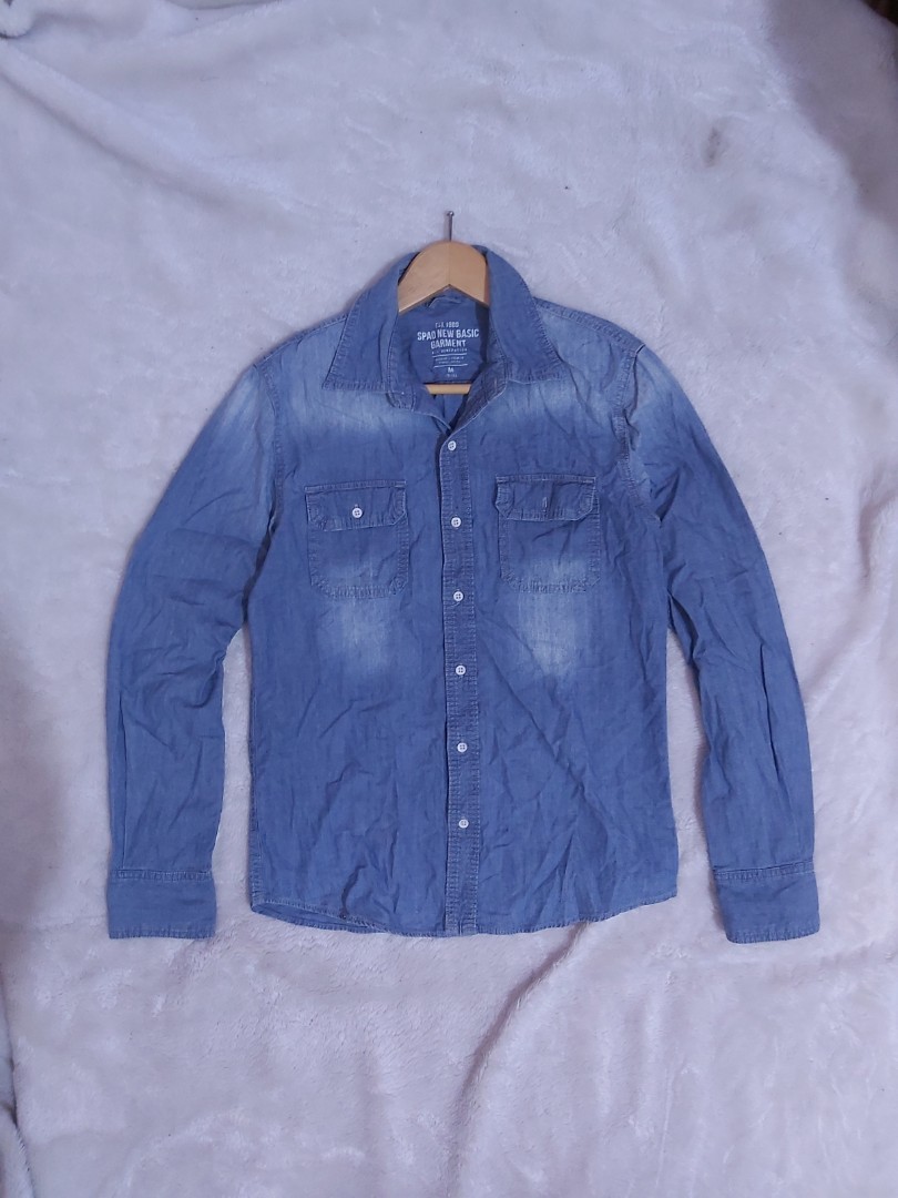 SPAO DENIM SHIRT, Fesyen Pria, Pakaian 