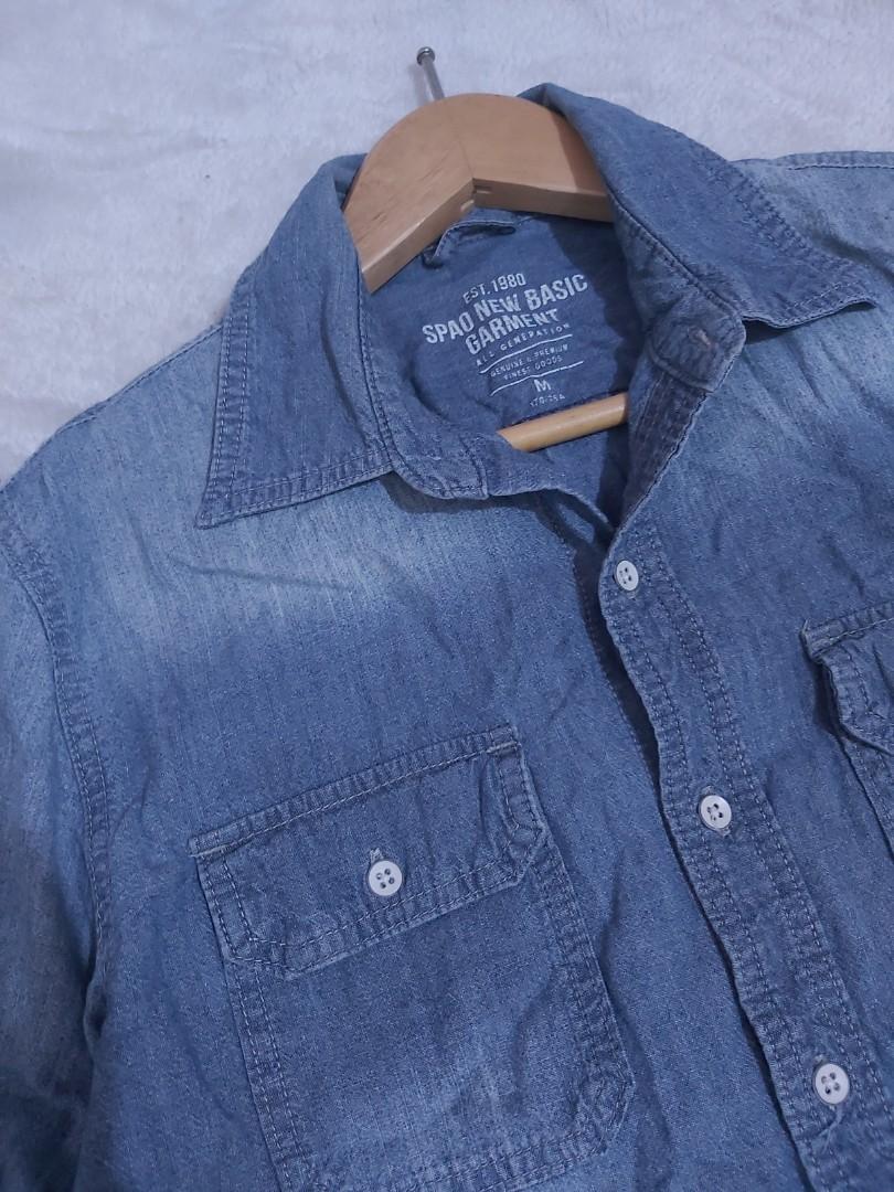 SPAO DENIM SHIRT, Fesyen Pria, Pakaian 