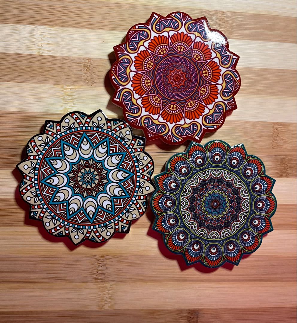 4" 10cm Set of 6 Turkish Round Iznik Floral Pattern Ceramic Coasters In Box 