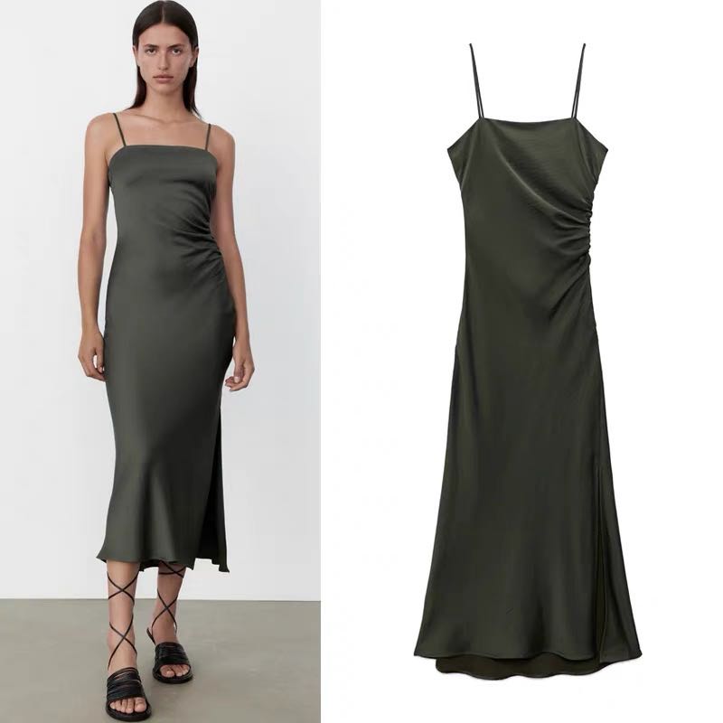 Zara Satin Dress in Olive Green, Women's Fashion, Dresses & Sets ...