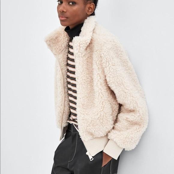 Zara TRF Fluffy Cream Teddy Fleece Bomber Jacket Women s Fashion