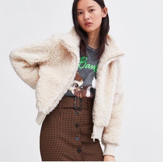 Zara TRF Fluffy Cream Teddy Fleece Bomber Jacket