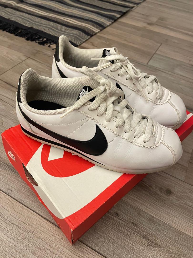 阿甘鞋Nike classic Cortez leather 黑白二手美品24.5cm, 她的時尚, 鞋