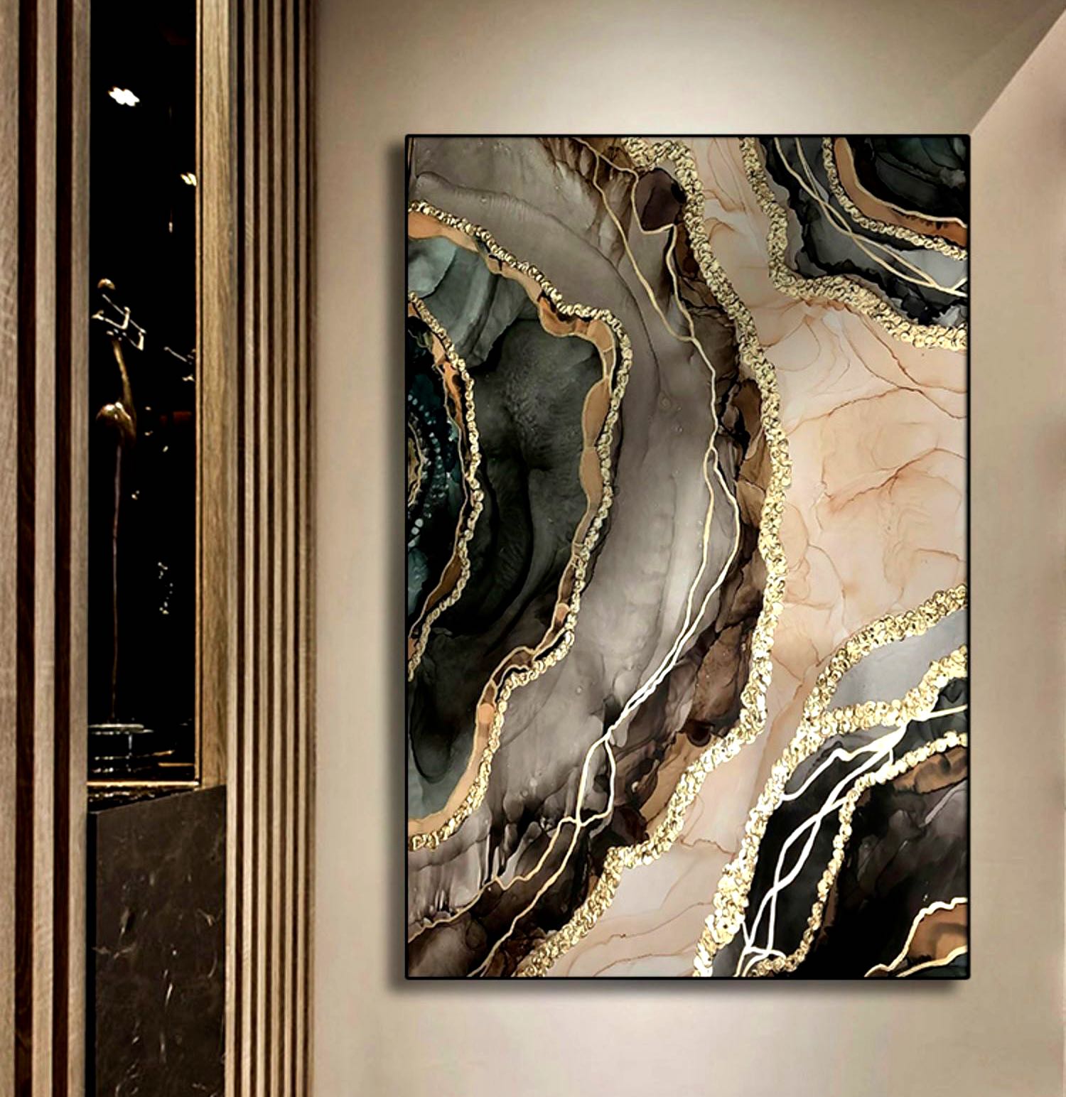 Acrylic Oil Painting Luxury Modern Abstract in Earth Emerald Tones and