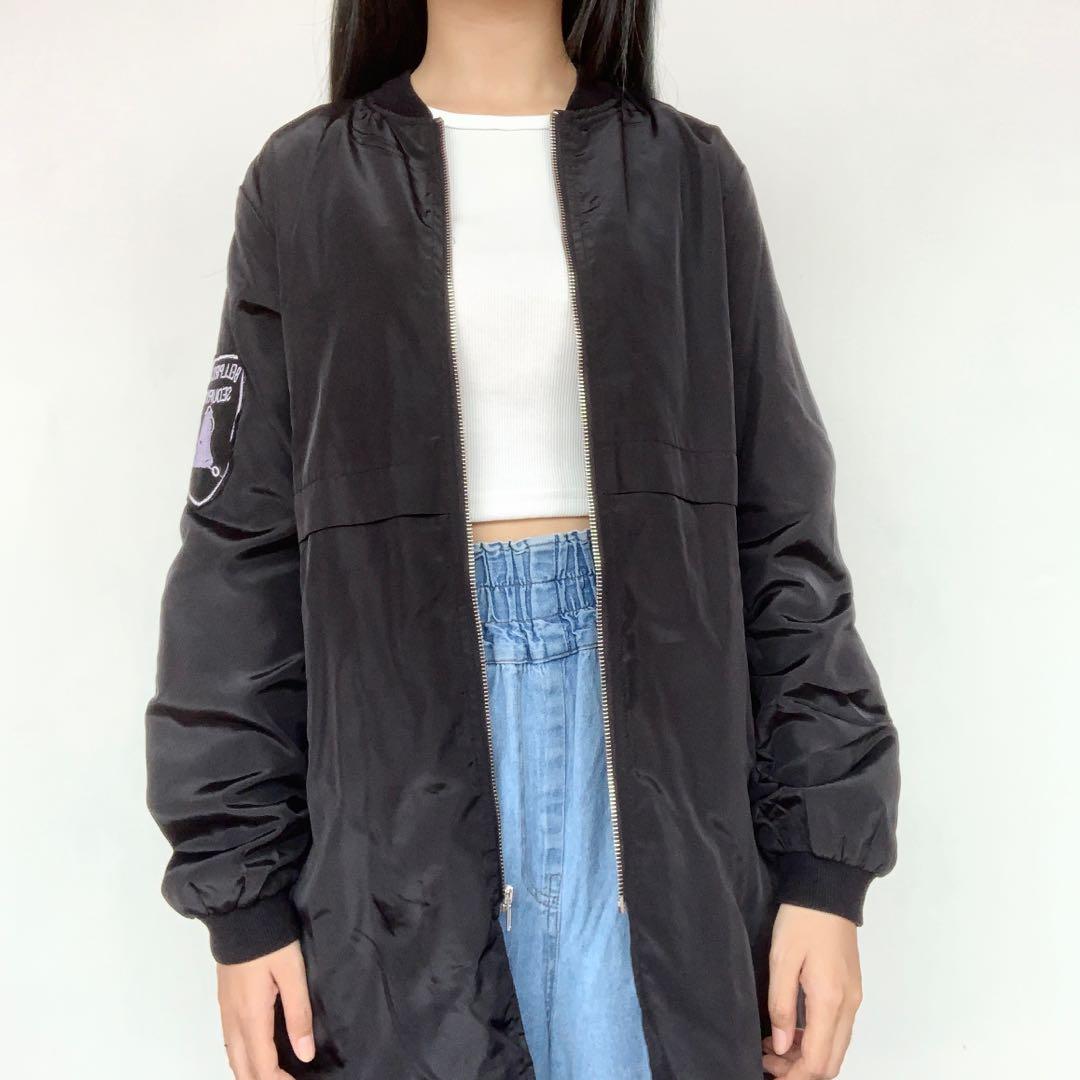 long bomber jacket black