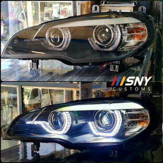 E70 x5 Projector headlamps with halo angel eyes led drl hid and led Canbus compatible