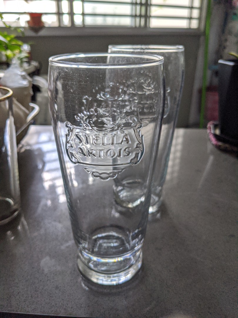 Embossed Stella Artois pint glasses duo set, Furniture & Home Living