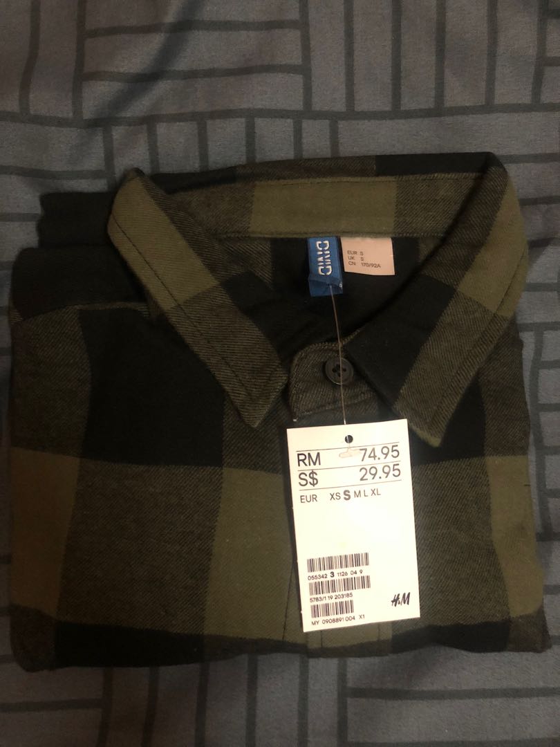 H M Light Beige Green Flannel Men S Fashion Clothes Tops On Carousell