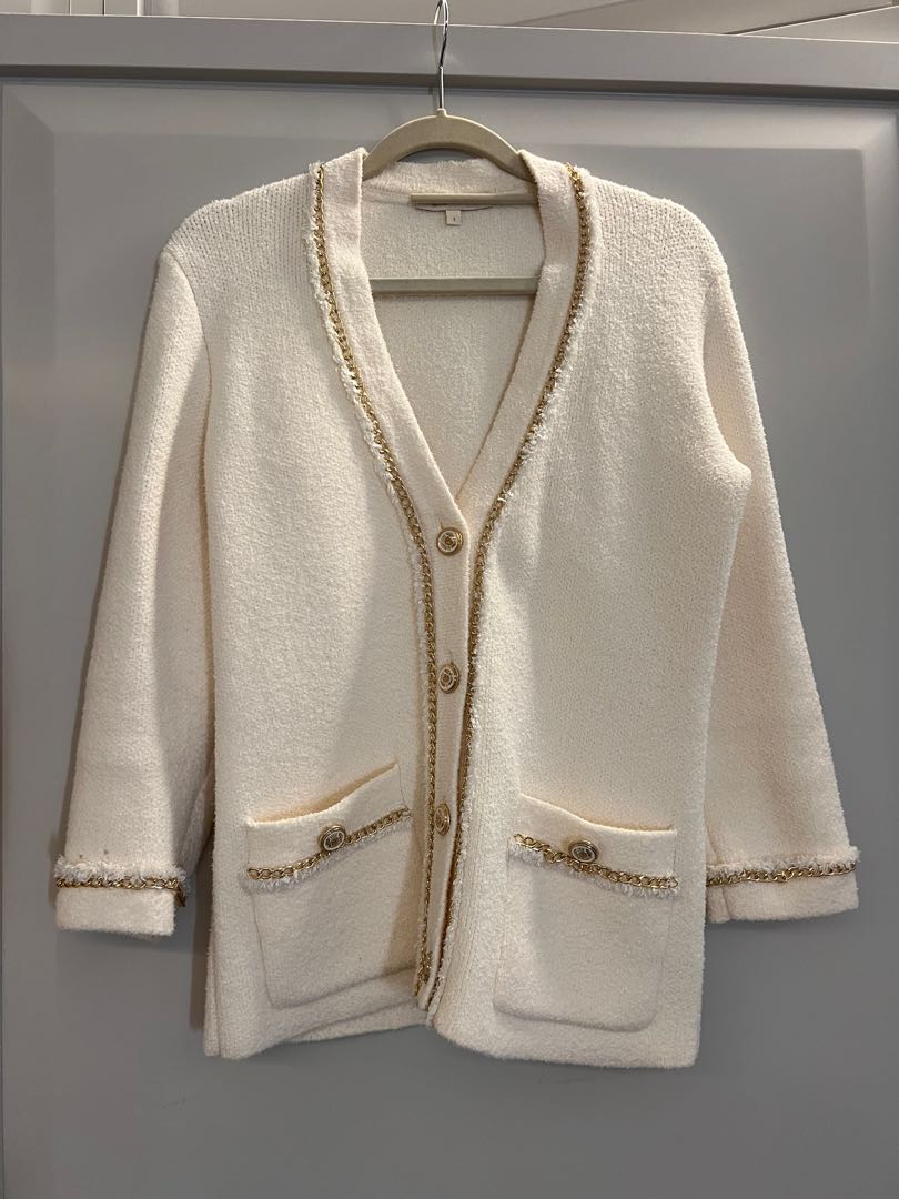 Maje white cardigan with gold trim, 名 