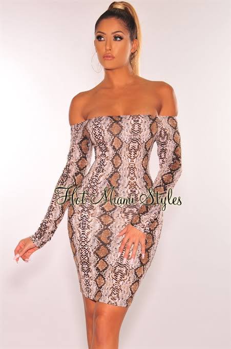 off the shoulder snakeskin dress