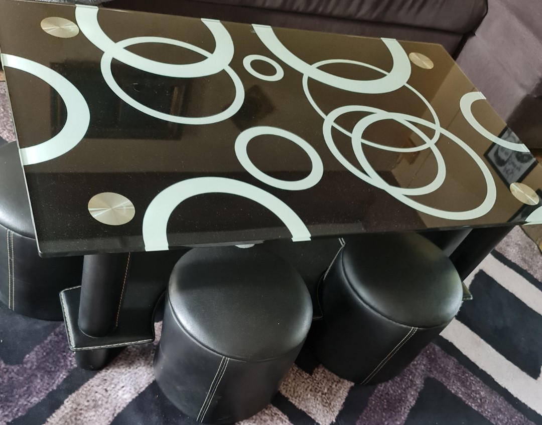 Used glass coffee table with 6 stools, Furniture & Home Living