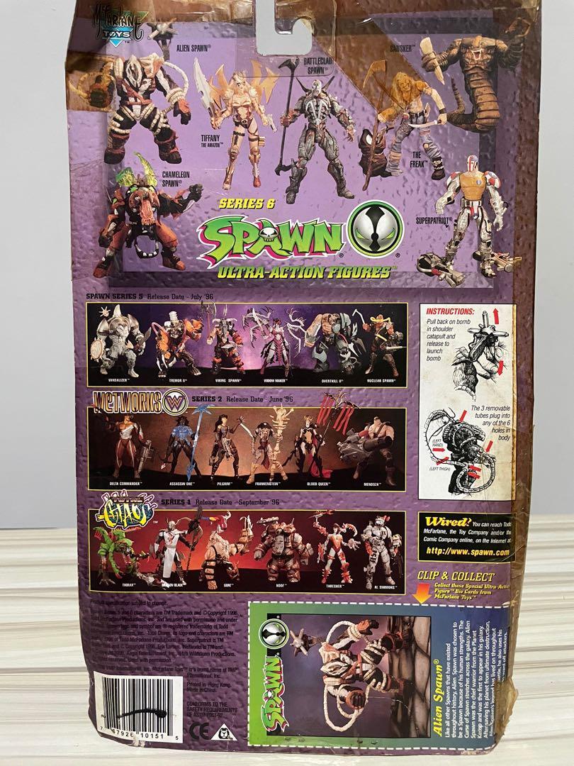 Alien Spawn (25) (Category: Toy Figures) located in Singapore. Submitted by yan.yeno (Listing ID 1066893146, Image 3). Description: Todd McFarlane’s Spawn Figure (6inch) One of the best detailed figures of all time!!! Figures are still sealed, mint in packaging.. Item has been kept for around 15 years.. Some figures are rare even 15 years ago (US Card), that makes it super ultra rare now!!! Unfortunately some packaging are a little yellowish, but