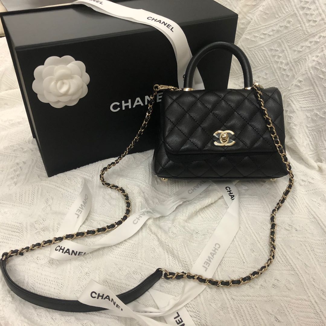 Chanel 19cm mini coco handle 黑金 2021 新款皮內里, 名牌, 手袋及銀包 Carousell