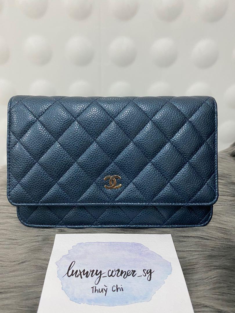 Chanel wallet on chain woc pearly blue caviar, Luxury, Bags
