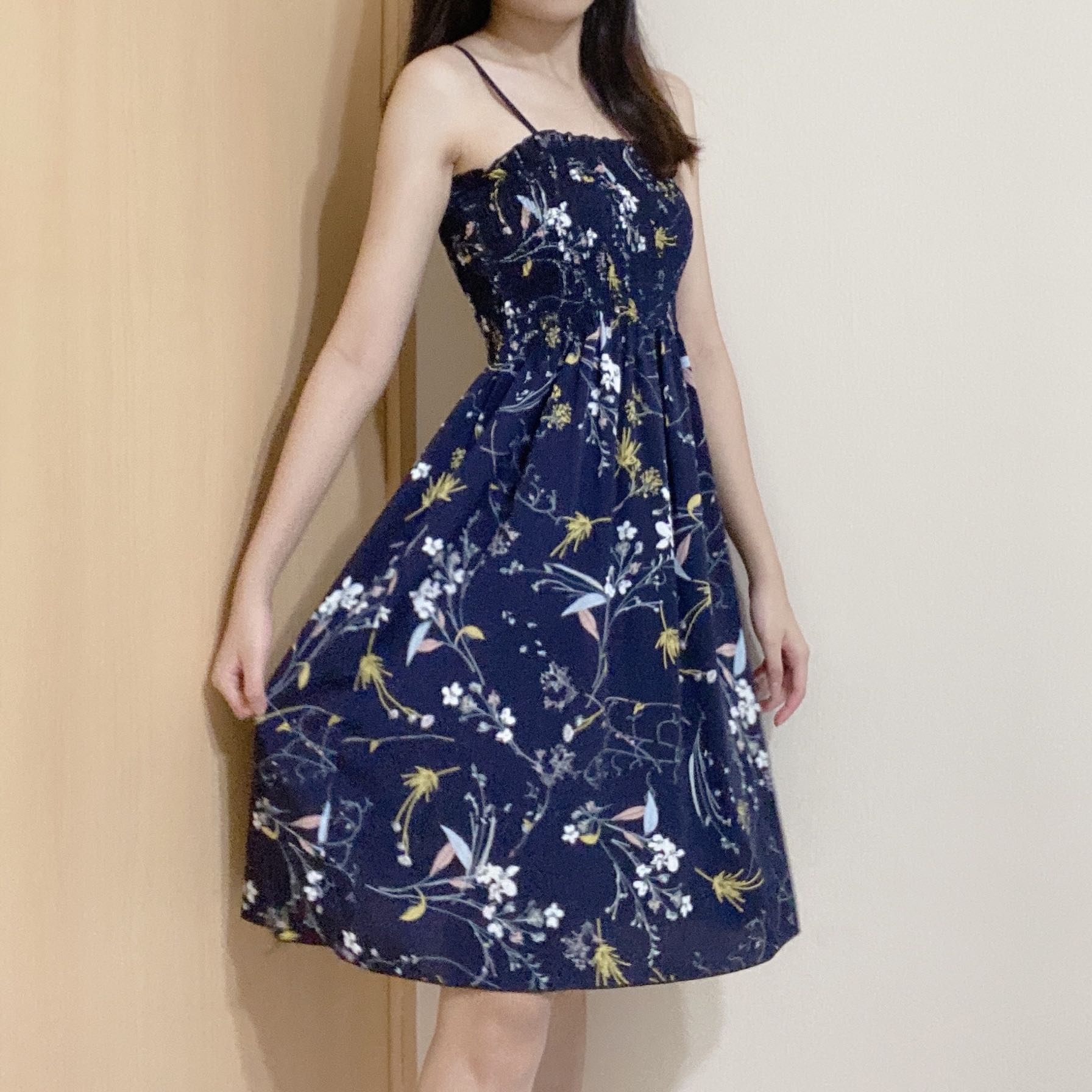 navy blue flowered dress