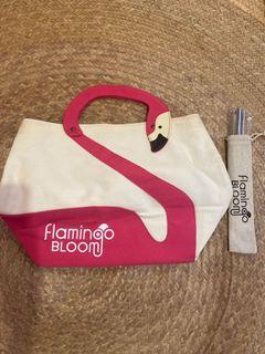Flamingo Bloom tote beach bag with stainless straw set