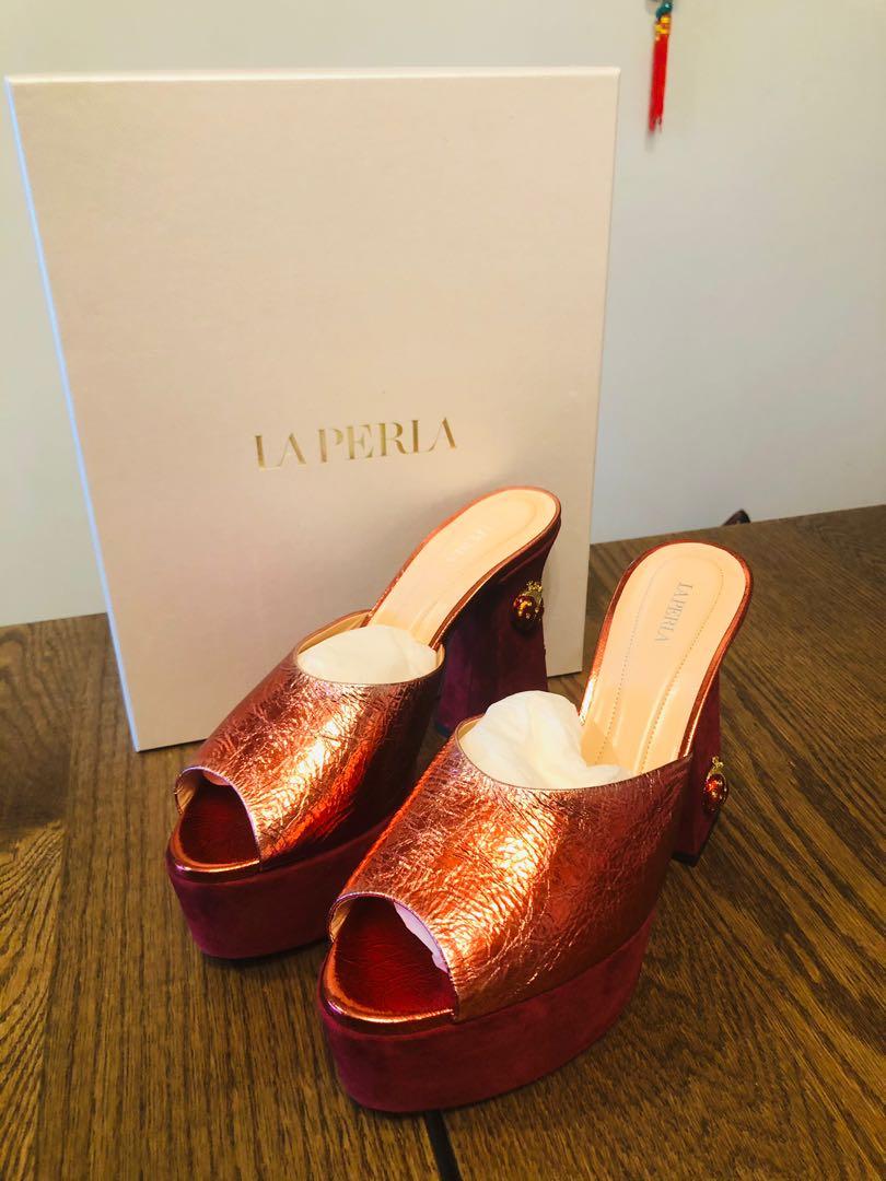 La Perla Red Platform Embellished Mules heels