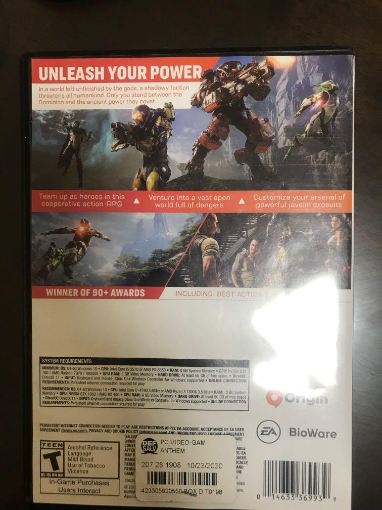 Anthem PC Game (Category: PlayStation) located in Santa Rosa. Submitted by bebs_11 (Listing ID 1068680303, Image 2). Description: .