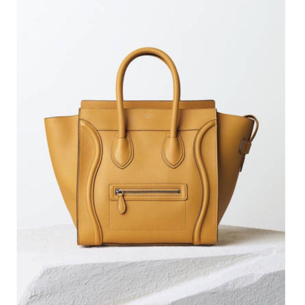 Celine Micro Luggage Handbag in Drummed Calfskin Ocre Luxury