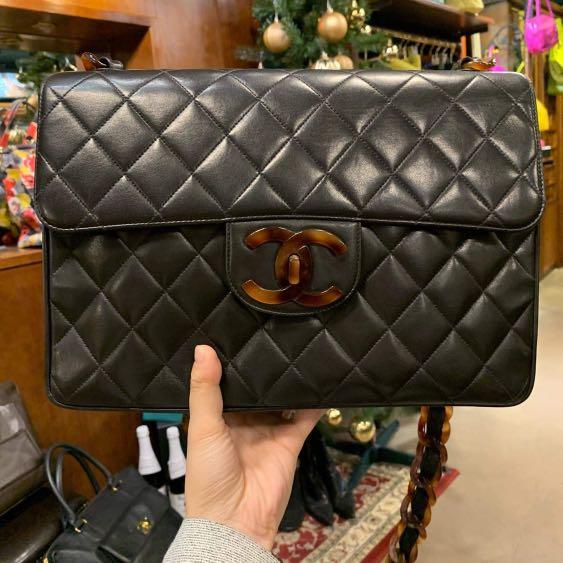 Chanel vintage bag black lambskin tortoiseshell chain Jumbo classic 2.55 flap