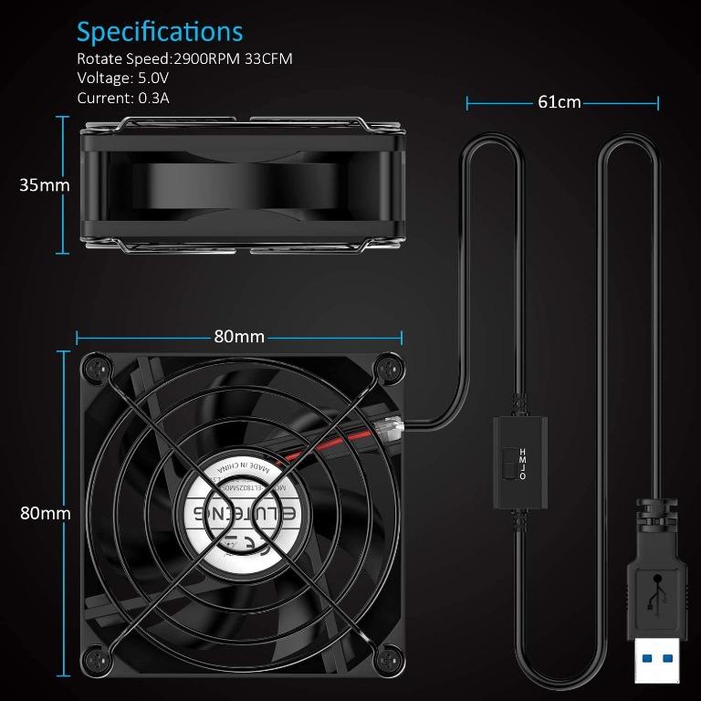 ELUTENG USB Fan 80mm, USB Computer Fan 5V Quite USB Ventilation Fan