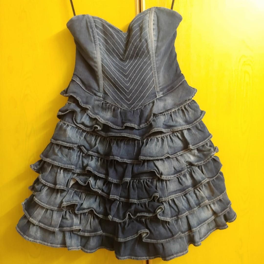 GUESS RUFFLE DENIM DRESS Women s Fashion Dresses Sets Dresses on Carousell