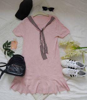 Knit Light Pink  Nautical Collared Peplum Straight Dress Pregnancy Maternity Stretchable