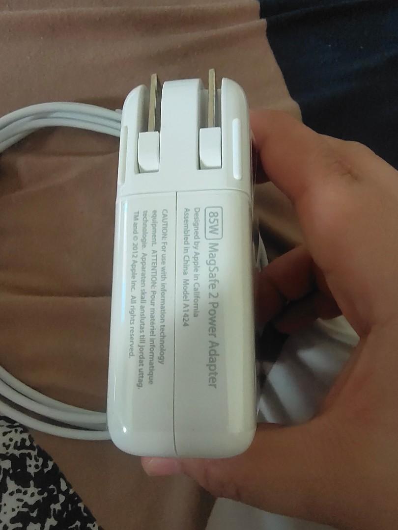 Macbook Pro Retina Charger Magsafe 2 85W (Category: Chargers) located in Las Pinas. Submitted by luxxdiashop (Listing ID 1068657451, Image 2). Description: Cod or gcash payment 85W 20V 4.25A ,magsafe 2 T head For Macbook pro Retina(2012-2015)---A1398 ,A1424 ,A1425, A1501 Package include: 1x Adapter(charger) 1x 2pin plug.