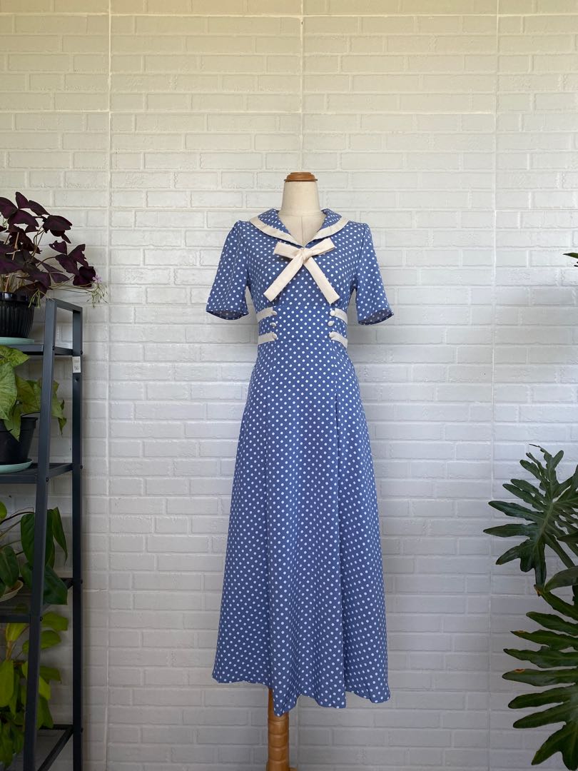 Vintage inspired sailor collar ribbon polka dress, Women's Fashion