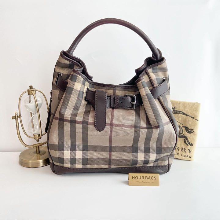 Authentic Burberry Smoke Check Medium Belted Hobo Plum Brown