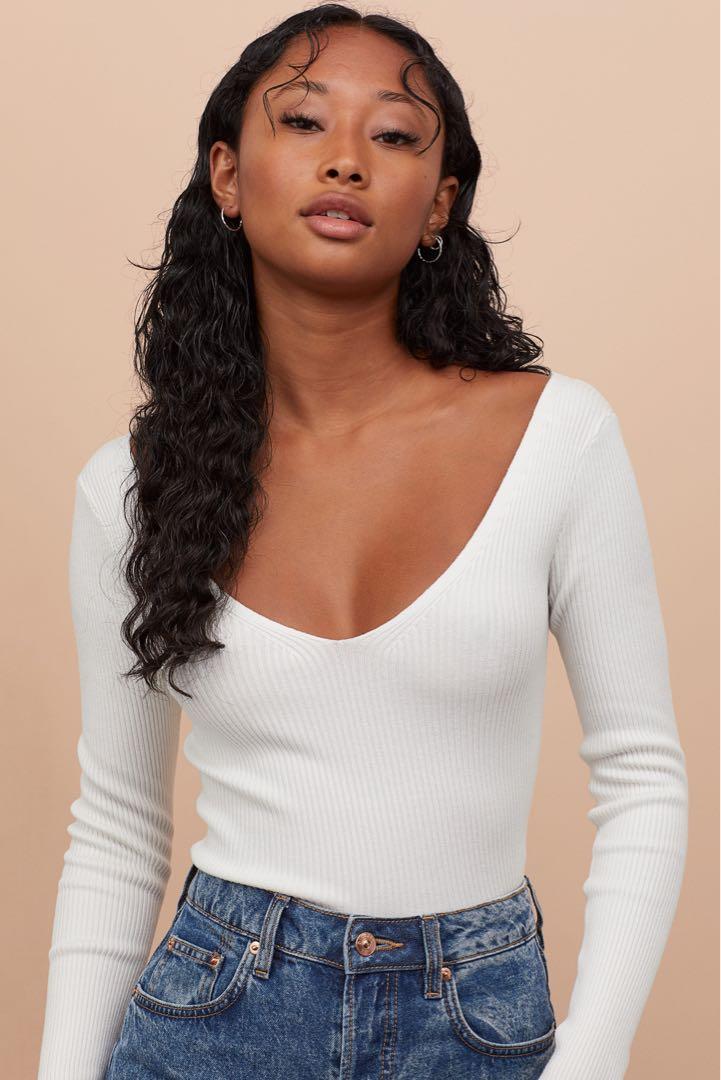 H\u0026M ribbed v neck top white, Fesyen 