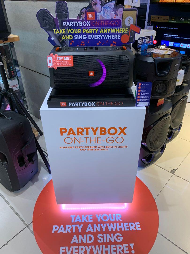 JBL Partybox on the Go 2 mics Included (Category: Other Audio Equipment) located in Manila. Submitted by almnantnr (Listing ID 1068895366, Image 3). Description: JBL Partybox on the Go SRP 20999 Price 19350 Quick Specs Transducer 5.25 in (133mm) woofers + 2x 1.75 in (44 mm) tweeters Output power 100W RMS Frequency response 50 Hz - 20 KHz (-6 dB) Signal-to-noise ratio ＞80dBA Audio Specifications wireless microphone spec Yes Frequency response: 65H