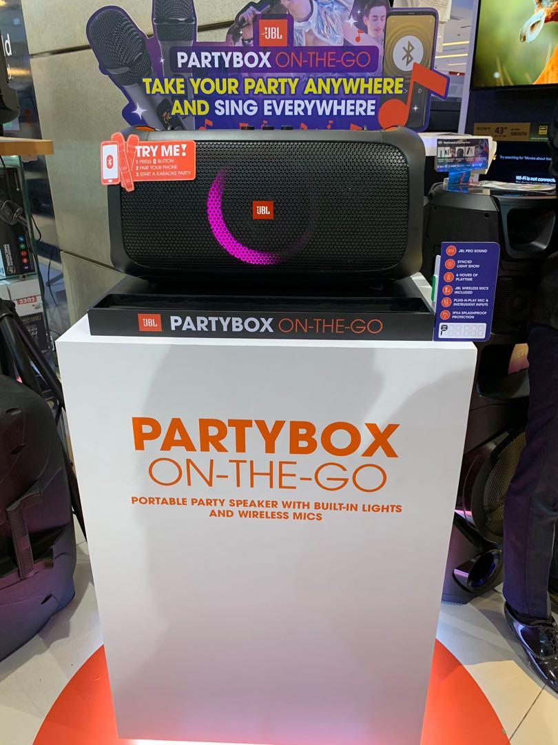 JBL Partybox on the Go 2 mics Included (Category: Other Audio Equipment) located in Manila. Submitted by almnantnr (Listing ID 1068895366, Image 2). Description: JBL Partybox on the Go SRP 20999 Price 19350 Quick Specs Transducer 5.25 in (133mm) woofers + 2x 1.75 in (44 mm) tweeters Output power 100W RMS Frequency response 50 Hz - 20 KHz (-6 dB) Signal-to-noise ratio ＞80dBA Audio Specifications wireless microphone spec Yes Frequency response: 65H