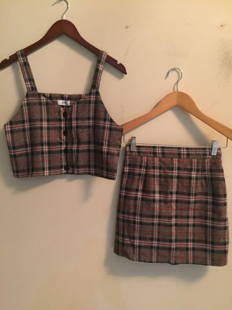 Korean checked top \u0026 skirt, Fesyen 