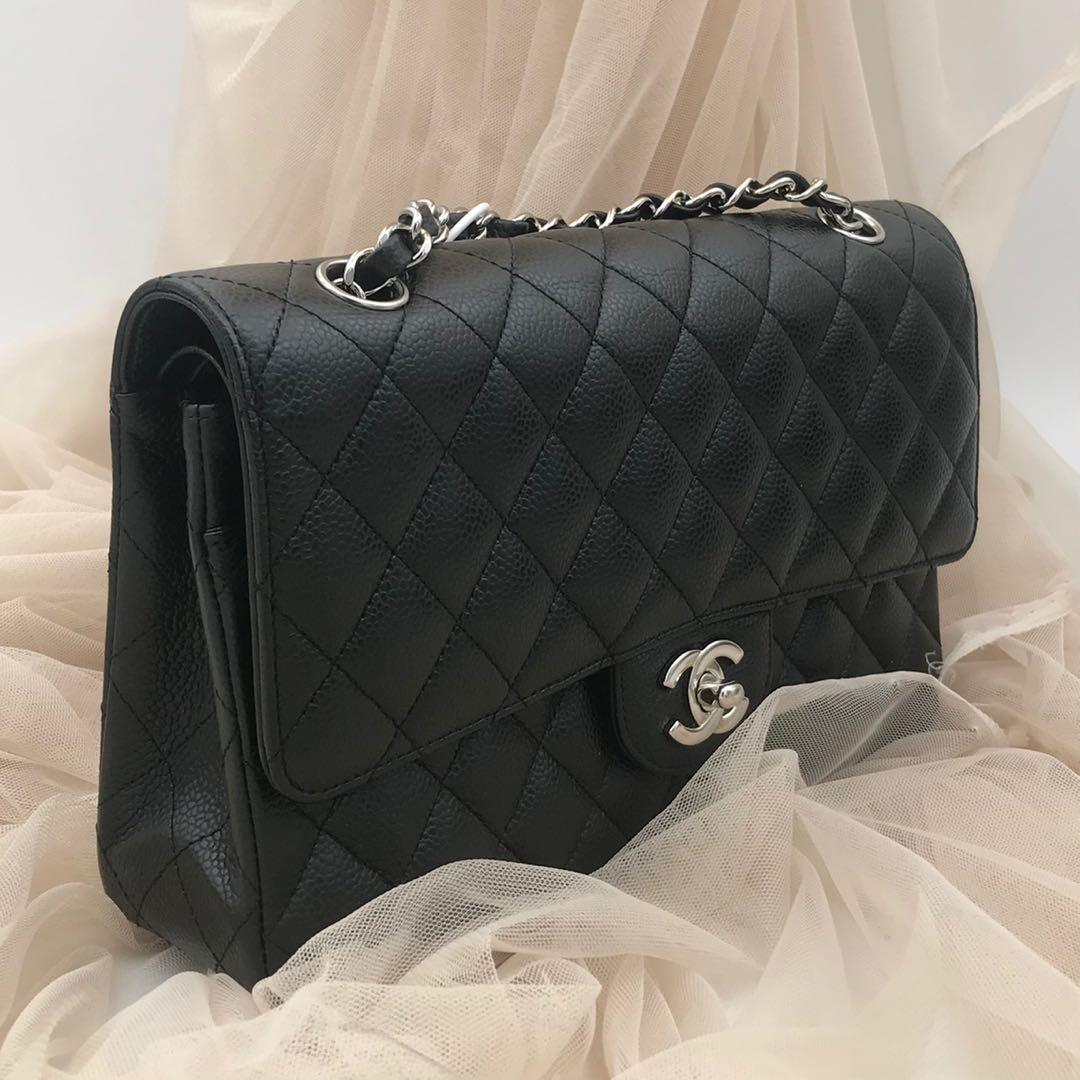 Chanel Classic Medium Double Flap Bag in caviar leather and silver