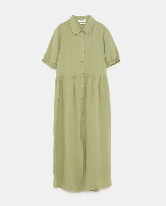 LF: Zara olive green linen dress (Category: Dresses) located in Binan City. Submitted by rivulet (Listing ID 1069086741, Image 1). Description: Looking for this dress from 2018. Size: L or XL :(.
