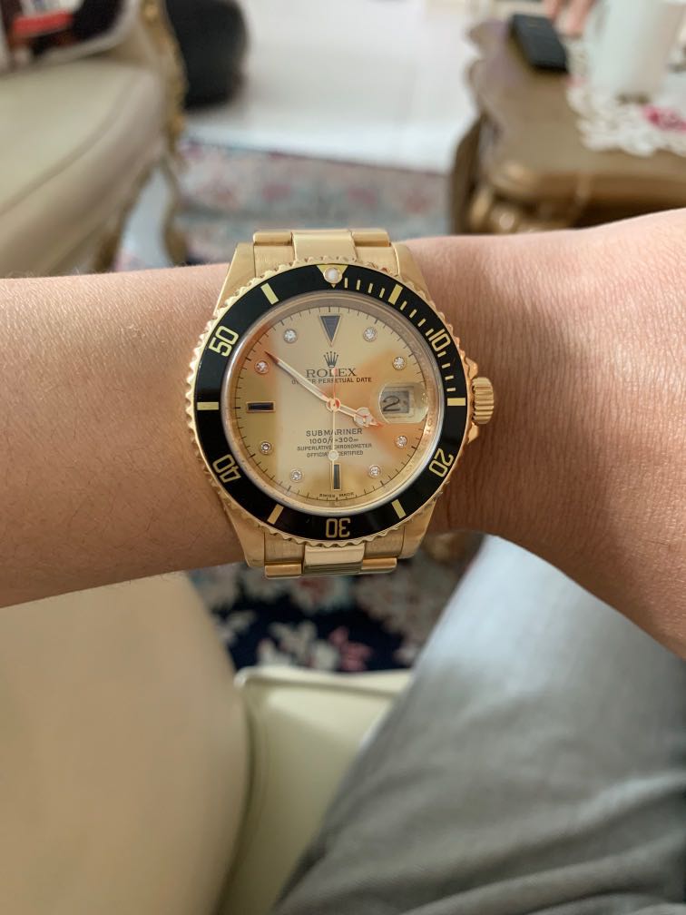 Rolex submariner 16618 full gold Rare Serti Dial, Luxury, Watches on ...