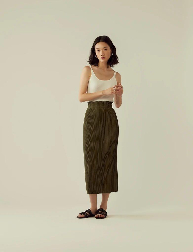 RYE Pleated Midi Skirt (Khaki Green 