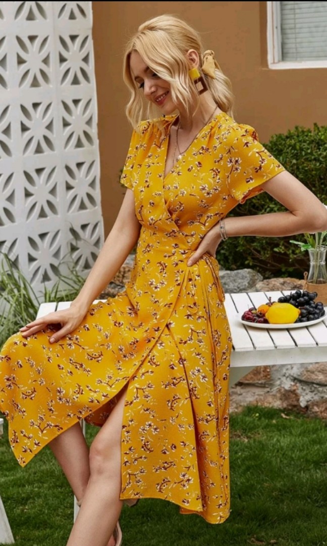 Mustard floral wrap dress on sale