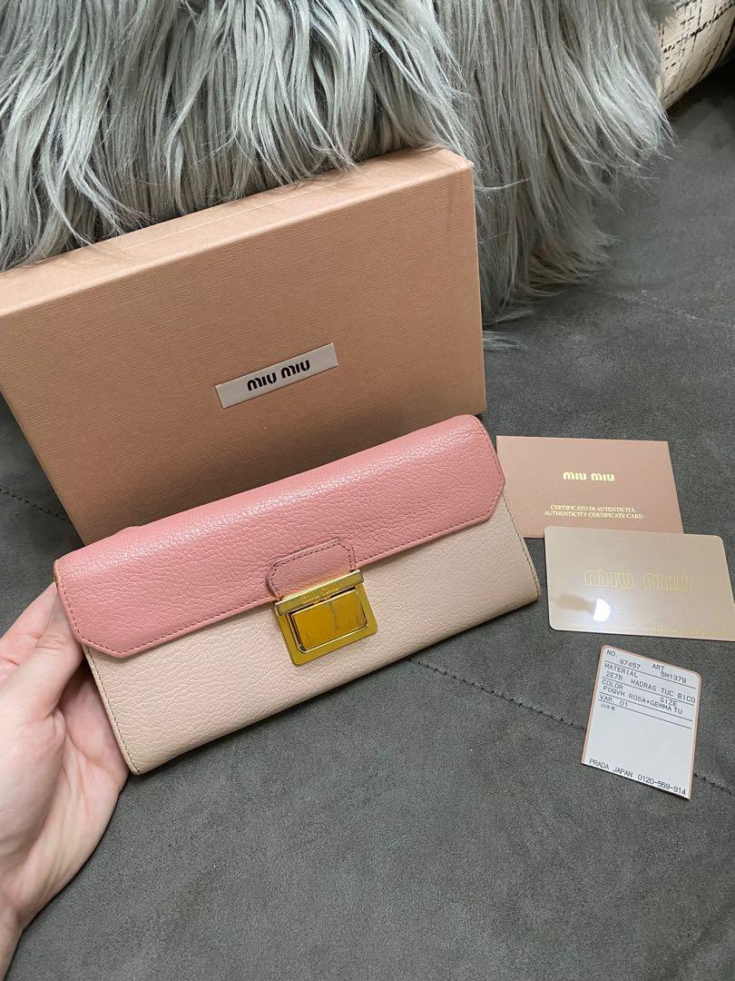 Authentic Miu Miu Pink & Beige Long Leather Wallet (Category: Luxury Bags & Wallets) located in Makati City. Submitted by cindiorella (Listing ID 1069270176, Image 1). Description: 100% guaranteed authentic W/ complete inclusions (box & authenticity card) Selling low! 💗.