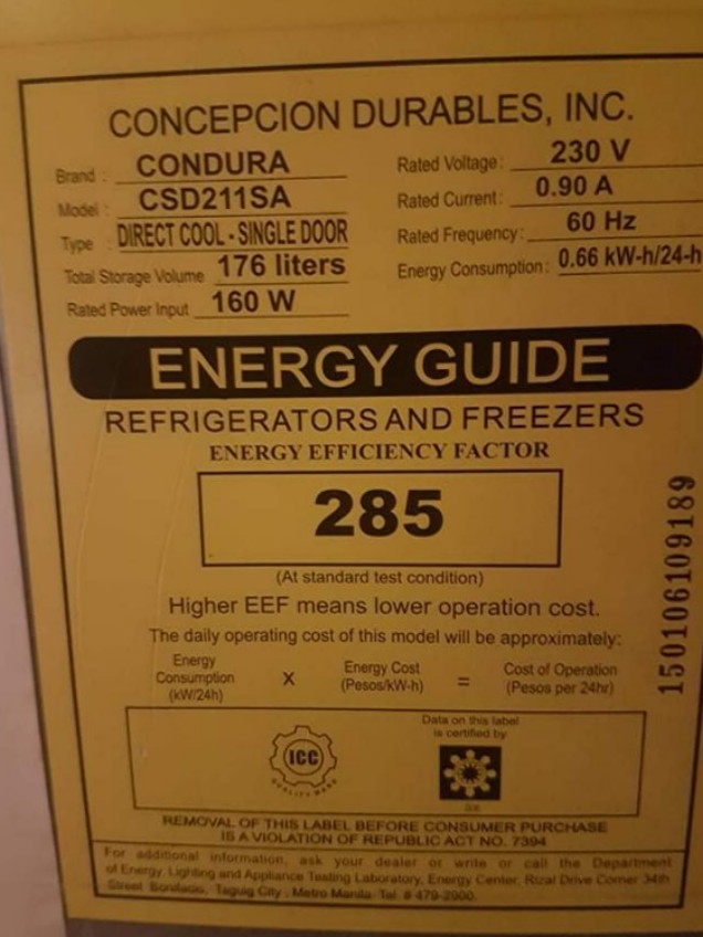 Condura refrigerator power on sale consumption