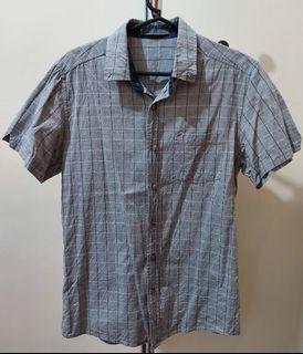 Gray Checkered (Blue and Pink Lines) Short-Sleeved Polo Button Down