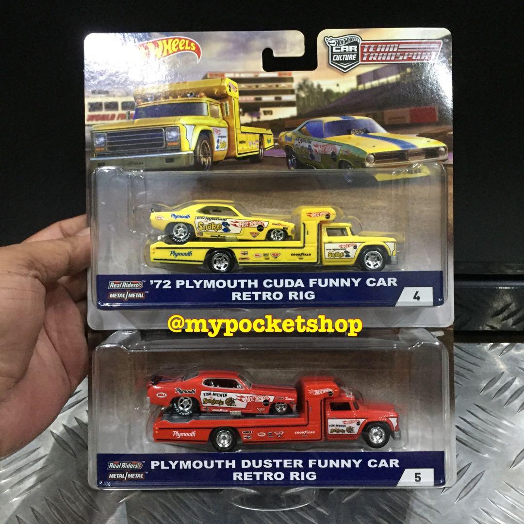 (RESERVED) Hot Wheels SNAKE & MONGOOSE / ‘72 PLYMOUTH CUDA & PLYMOUTH  DUSTER FUNNY CAR w/ RETRO RIG - Truck / Hauler / 2018 Mix 2 Hotwheels Car 