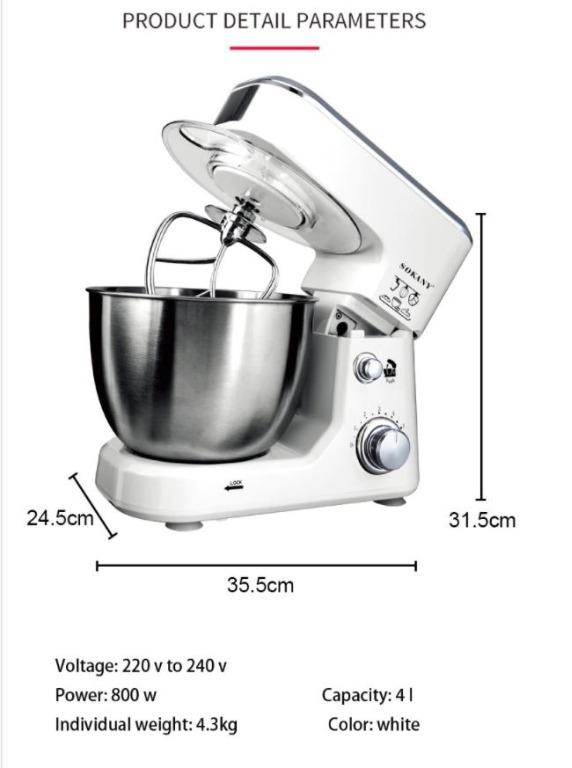 SOKANY Electronic Stand Mixer. Stainless Steel 800W 6 Speed 4 Liter