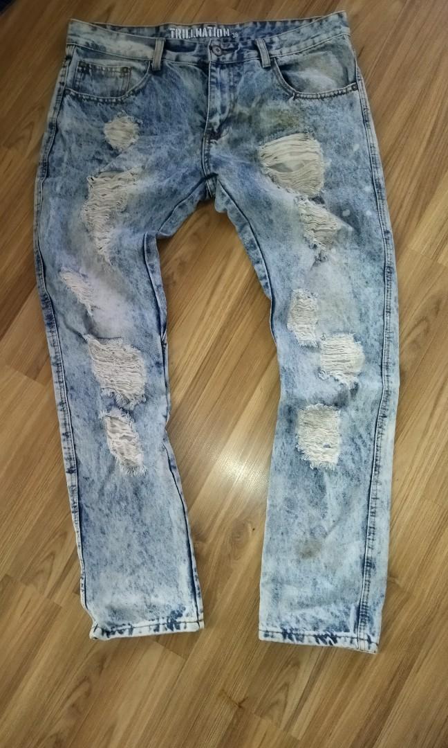TRILL NATION NEW YORK ACID WASH SLIM FIT RIPPED JEANS Men s