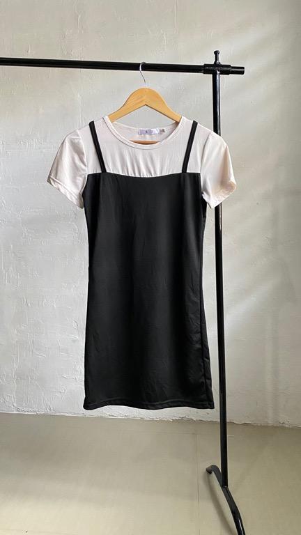 Black spaghetti strap dress with white shirt sale