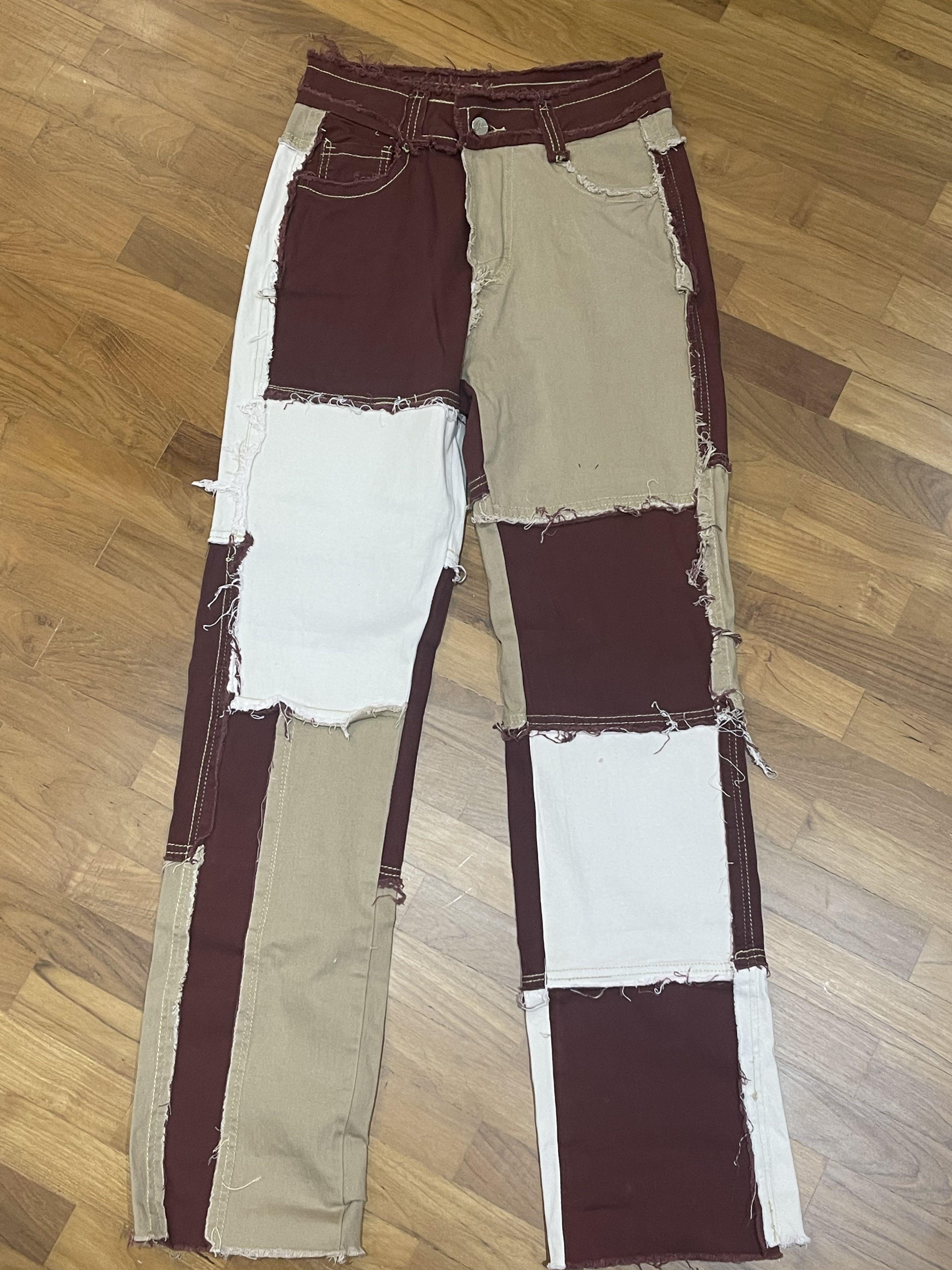 patchwork jeans/pants (maroon), Women's 