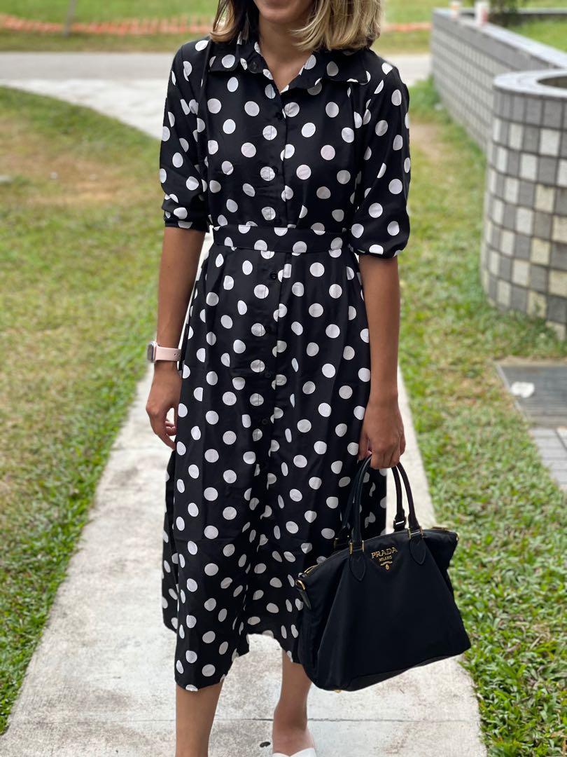 Black Polka Dot Dress long sleeve with collar Women s Fashion