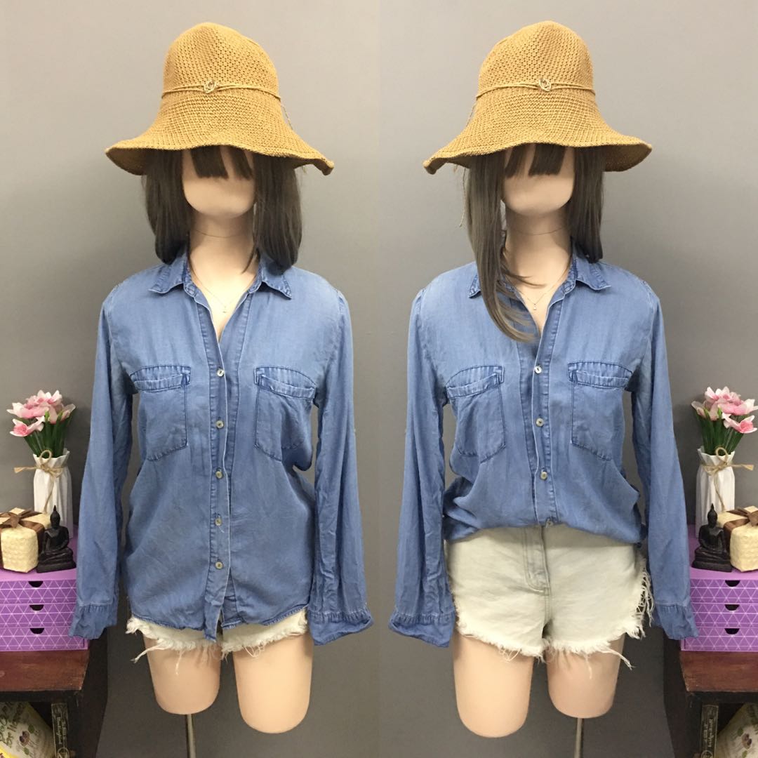 Soft denim Maong long sleeve polo size small medium Women s Fashion Tops Others Tops on Carousell
